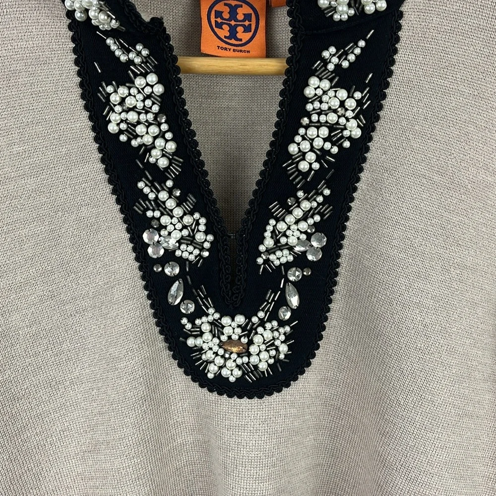Tory Burch beige embellished v-neck sweater - Picture 3 of 5